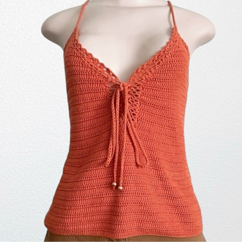 Intermix Crochet Boho Retro sleeveless sweater SZ S Rust
